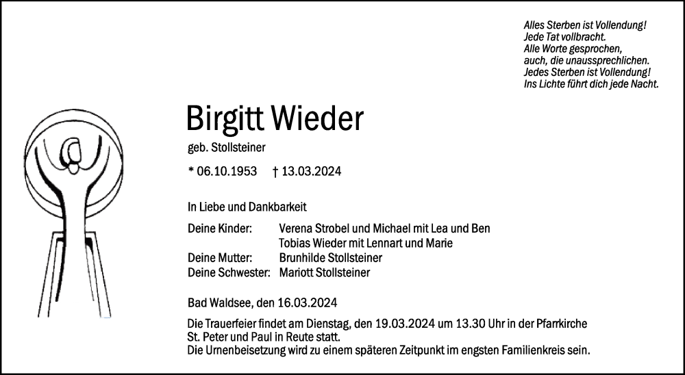  Traueranzeige für Birgitt Wieder vom 16.03.2024 aus Schwäbische Zeitung