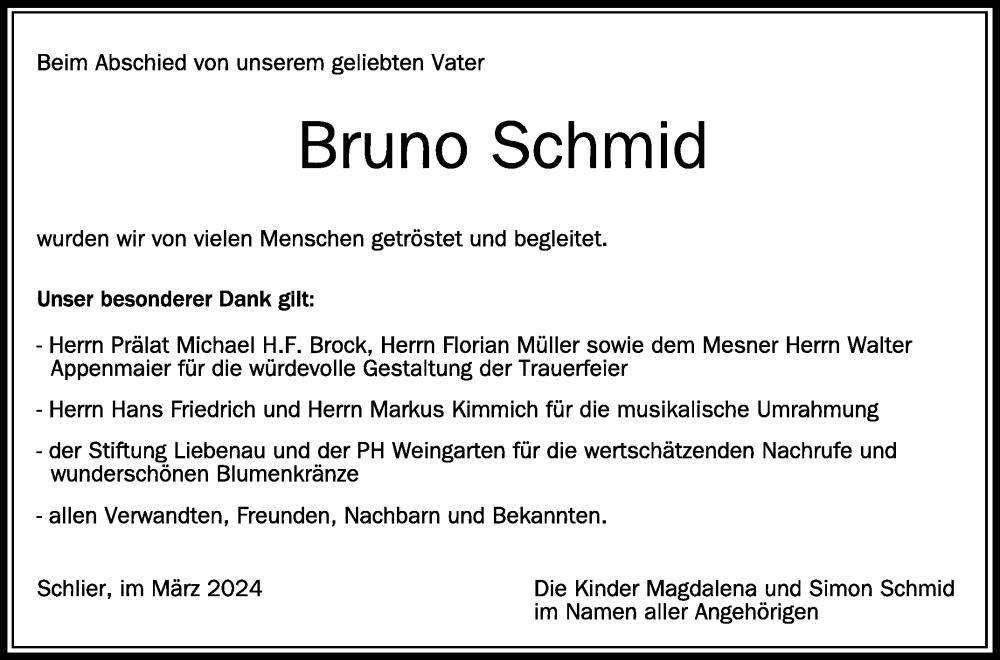  Traueranzeige für Bruno Schmid vom 23.03.2024 aus Schwäbische Zeitung