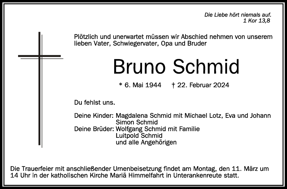  Traueranzeige für Bruno Schmid vom 02.03.2024 aus Schwäbische Zeitung
