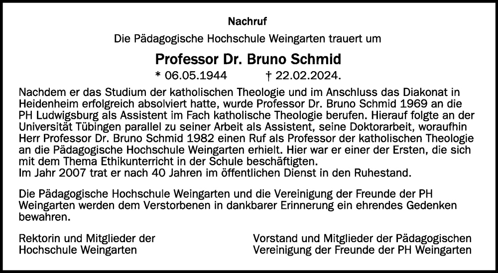  Traueranzeige für Bruno Schmid vom 20.03.2024 aus Schwäbische Zeitung