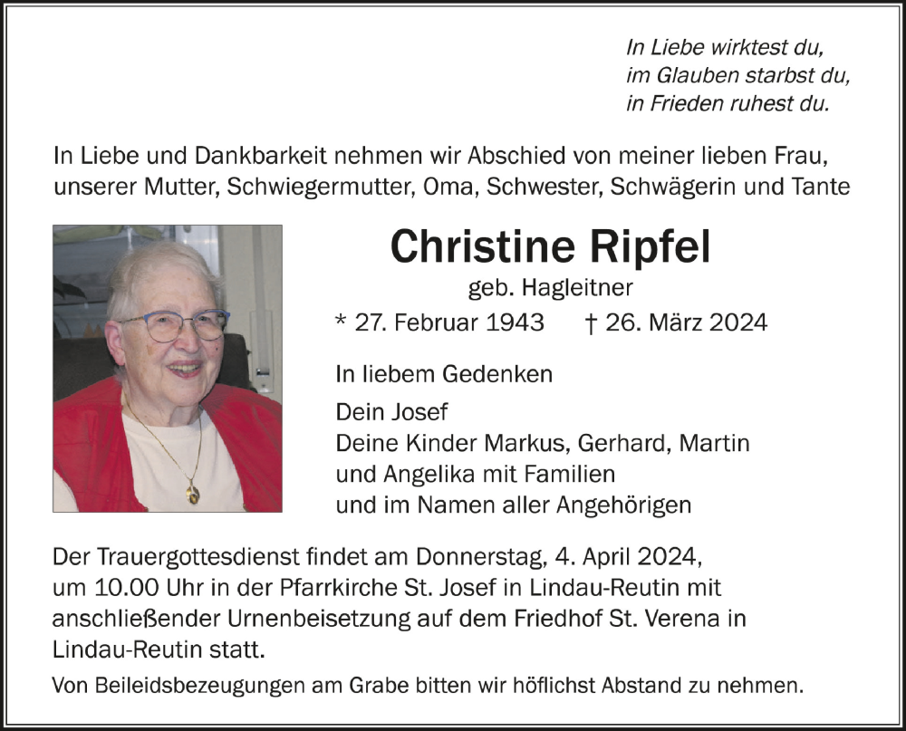  Traueranzeige für Christine Ripfel vom 30.03.2024 aus Schwäbische Zeitung