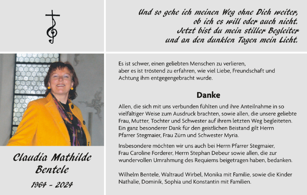  Traueranzeige für Claudia Mathilde Bentele vom 30.03.2024 aus Schwäbische Zeitung