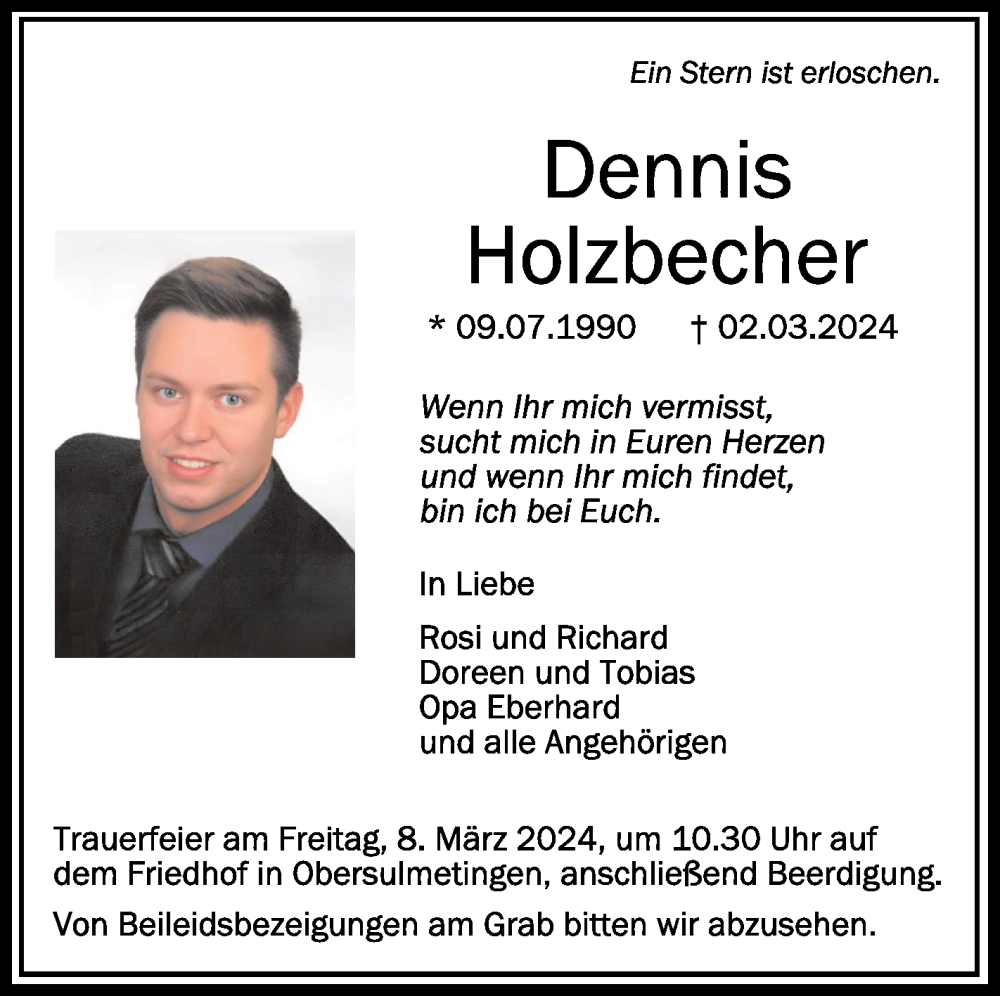  Traueranzeige für Dennis Holzbecher vom 06.03.2024 aus Schwäbische Zeitung