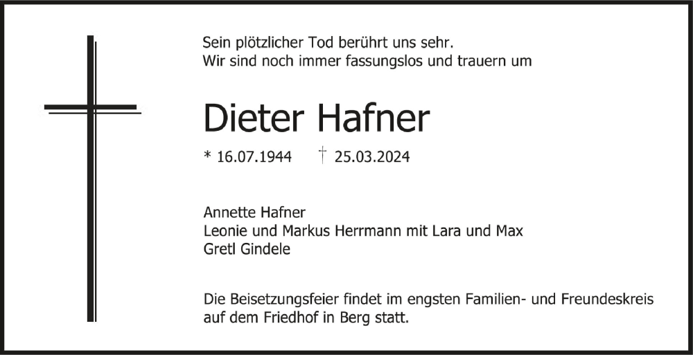  Traueranzeige für Dieter Hafner vom 28.03.2024 aus Schwäbische Zeitung