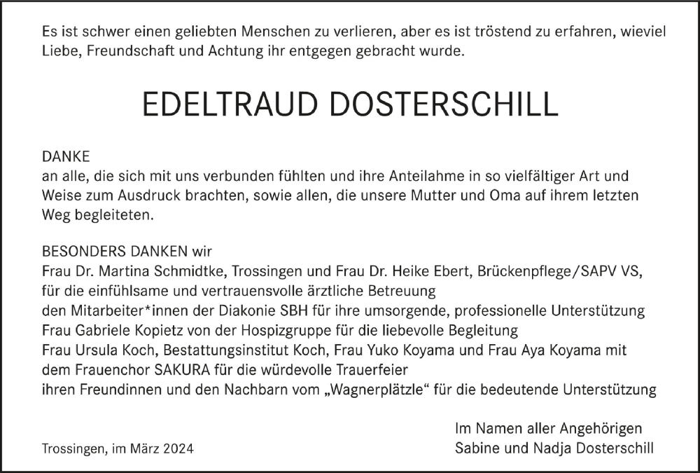  Traueranzeige für Edeltraud Dosterschill vom 23.03.2024 aus Schwäbische Zeitung
