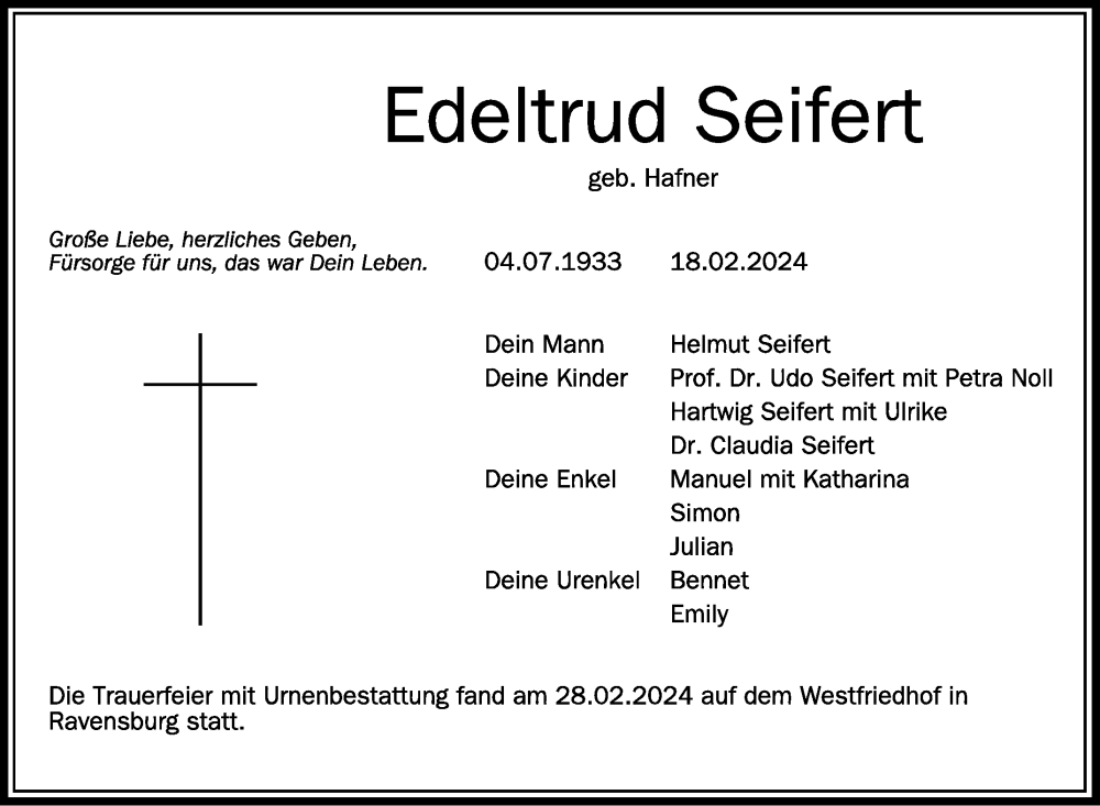  Traueranzeige für Edeltrud Seifert vom 02.03.2024 aus Schwäbische Zeitung