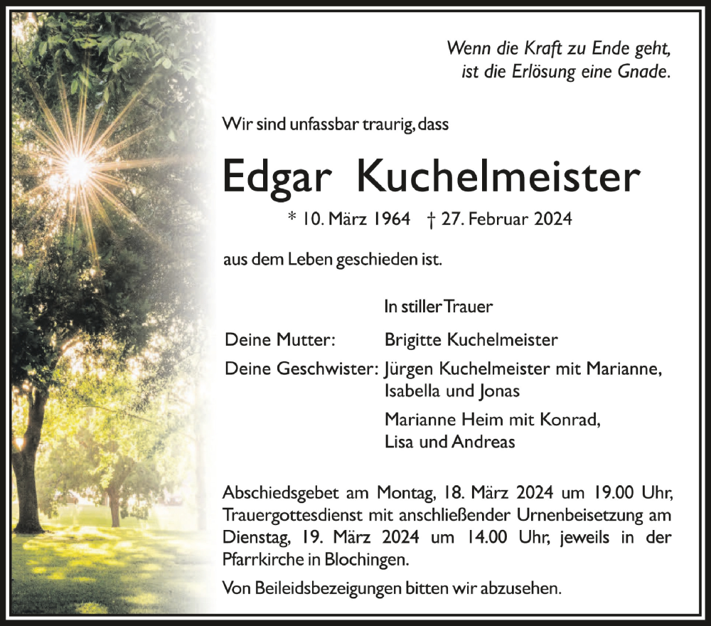  Traueranzeige für Edgar Kuchelmeister vom 16.03.2024 aus Schwäbische Zeitung