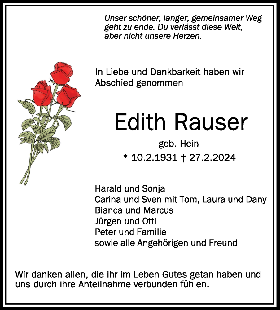  Traueranzeige für Edith Rauser vom 08.03.2024 aus Schwäbische Zeitung