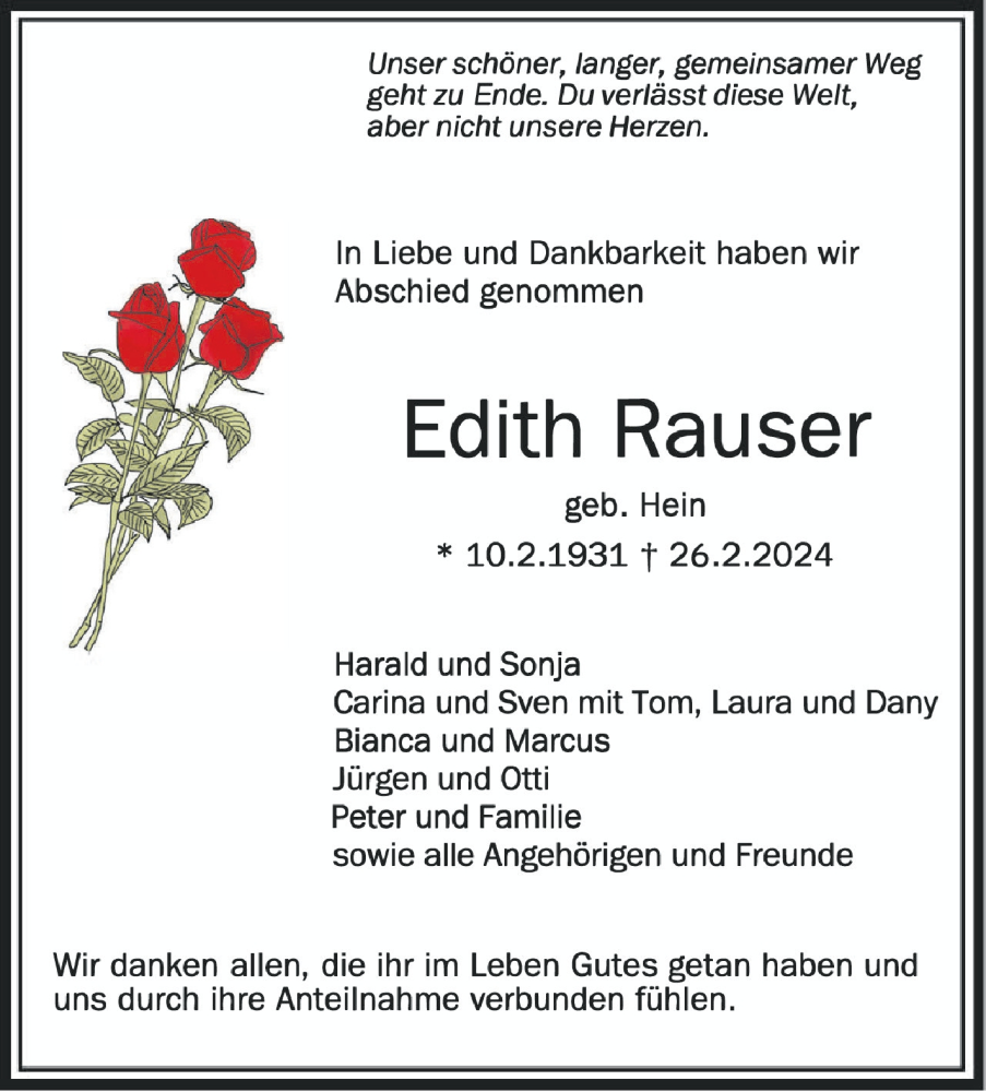  Traueranzeige für Edith Rauser vom 09.03.2024 aus Schwäbische Zeitung