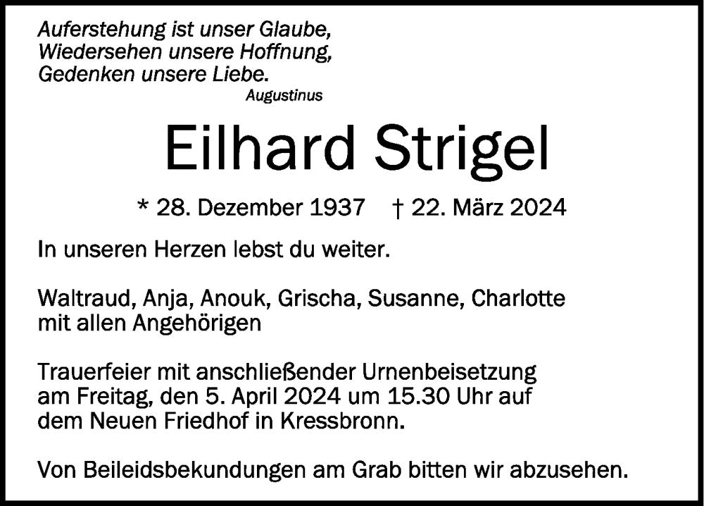  Traueranzeige für Eilhard Strigel vom 30.03.2024 aus Schwäbische Zeitung