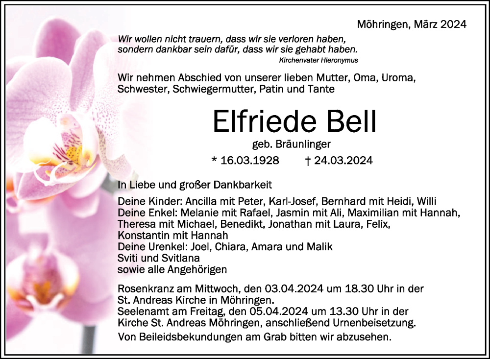 Traueranzeige für Elfriede Bell vom 30.03.2024 aus Schwäbische Zeitung
