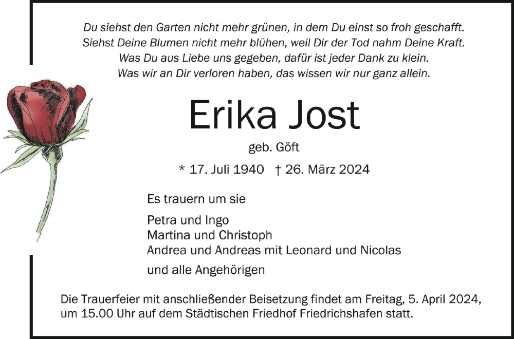  Traueranzeige für Erika Jost vom 30.03.2024 aus Schwäbische Zeitung