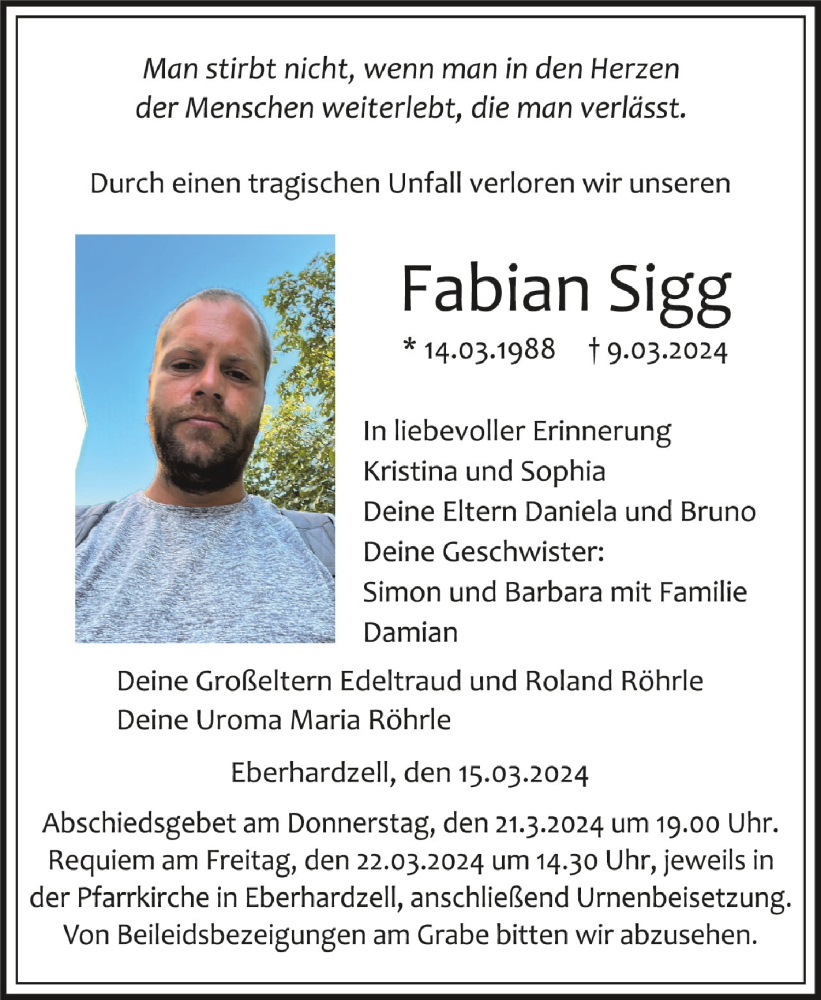  Traueranzeige für Fabian Sigg vom 16.03.2024 aus Schwäbische Zeitung