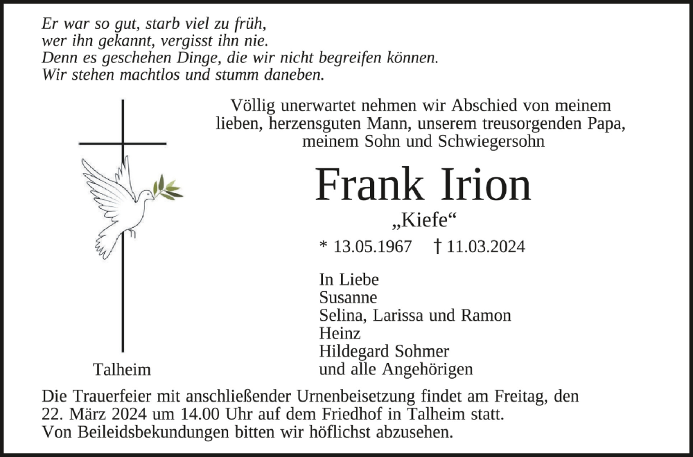  Traueranzeige für Frank Irion vom 19.03.2024 aus Schwäbische Zeitung