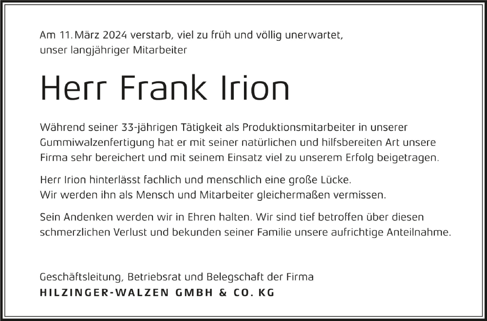 Traueranzeige für Frank Irion vom 22.03.2024 aus Schwäbische Zeitung