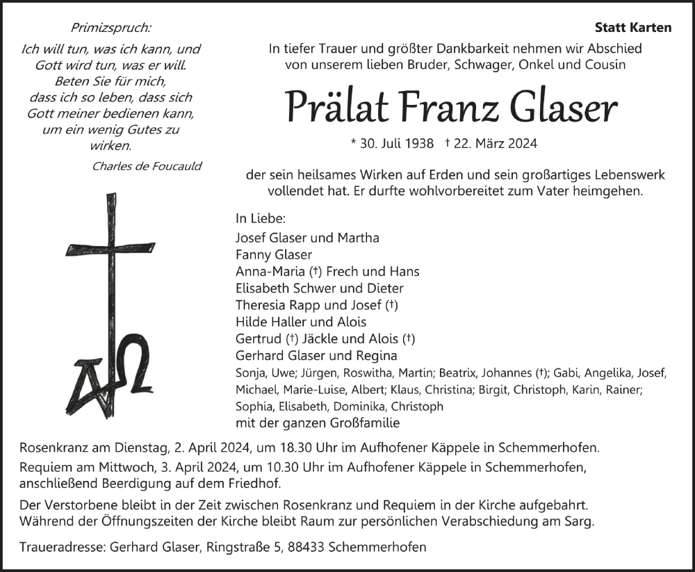  Traueranzeige für Franz Glaser vom 30.03.2024 aus Schwäbische Zeitung