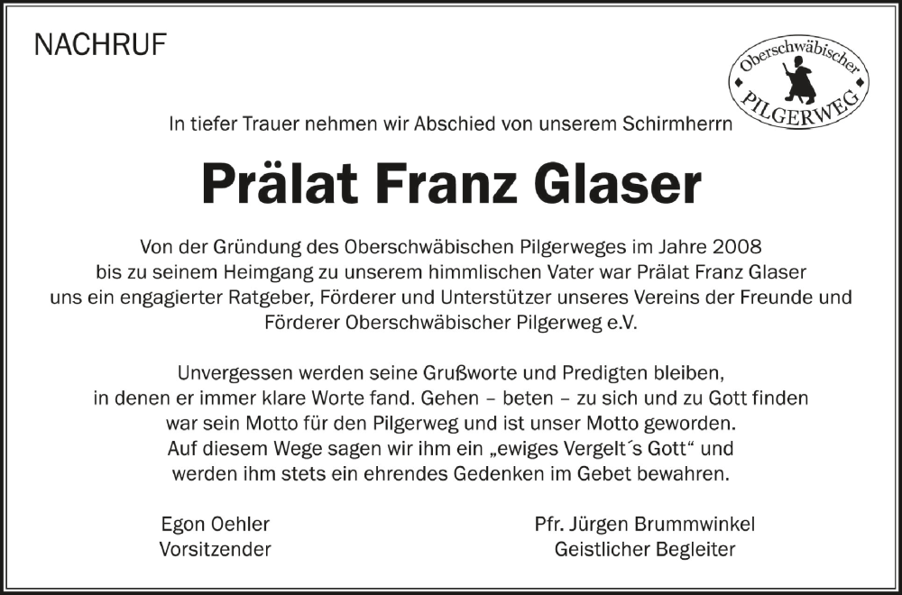  Traueranzeige für Franz Glaser vom 27.03.2024 aus Schwäbische Zeitung