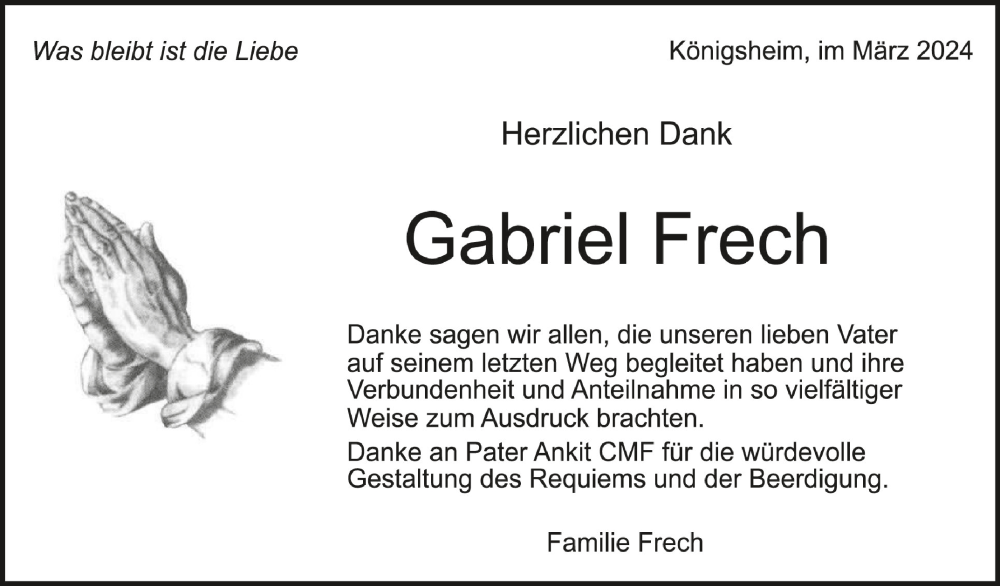  Traueranzeige für Gabriel Frech vom 05.03.2024 aus Schwäbische Zeitung