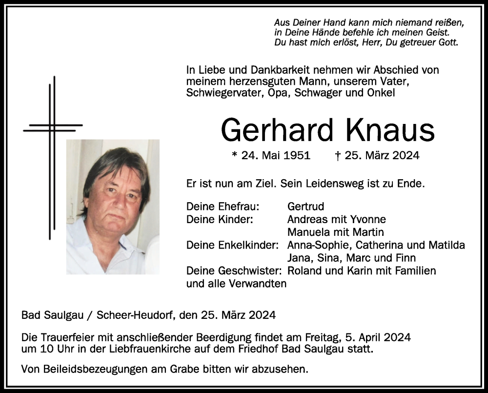  Traueranzeige für Gerhard Knaus vom 30.03.2024 aus Schwäbische Zeitung