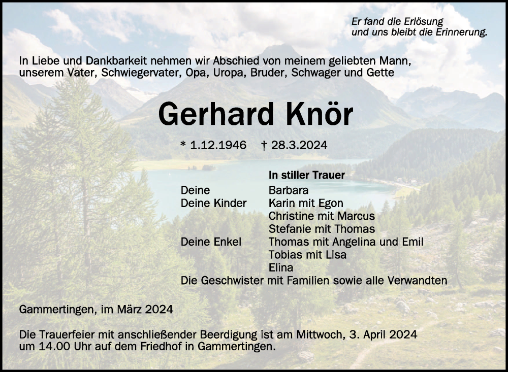  Traueranzeige für Gerhard Knör vom 30.03.2024 aus Schwäbische Zeitung