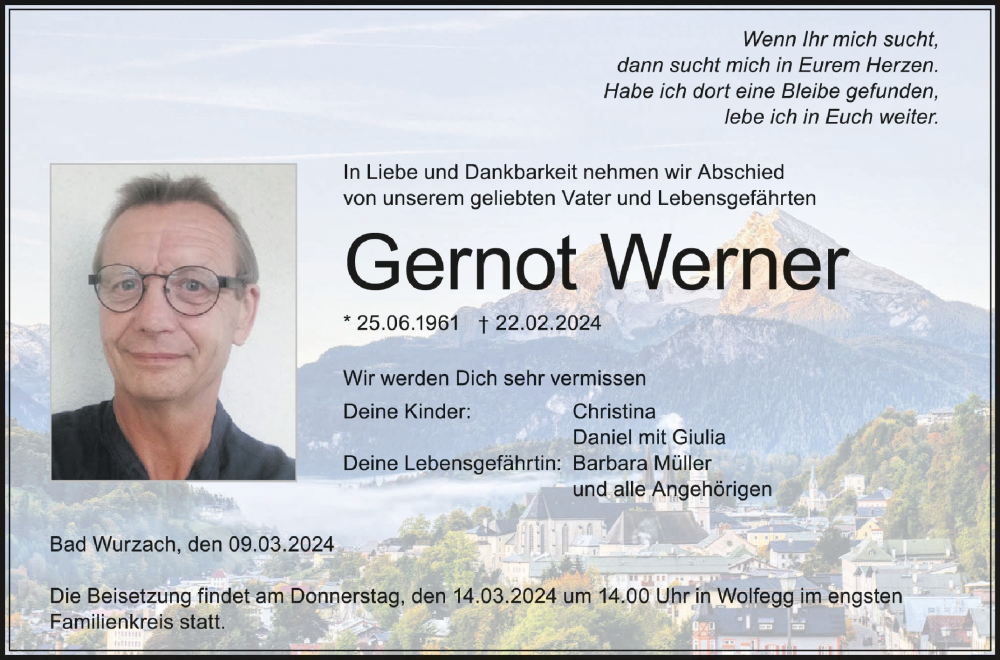  Traueranzeige für Gernot Werner vom 09.03.2024 aus Schwäbische Zeitung