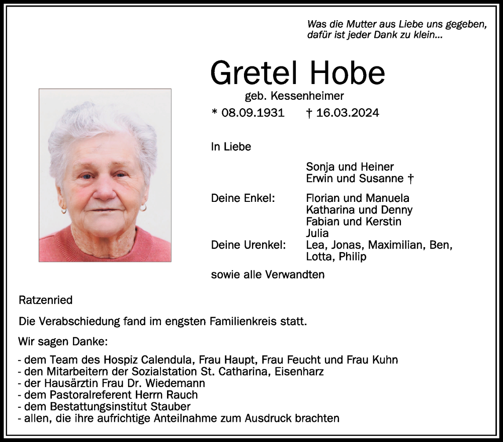  Traueranzeige für Gretel Hobe vom 30.03.2024 aus Schwäbische Zeitung