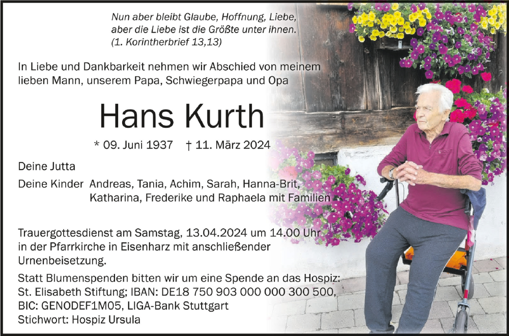  Traueranzeige für Hans Kurth vom 30.03.2024 aus Schwäbische Zeitung