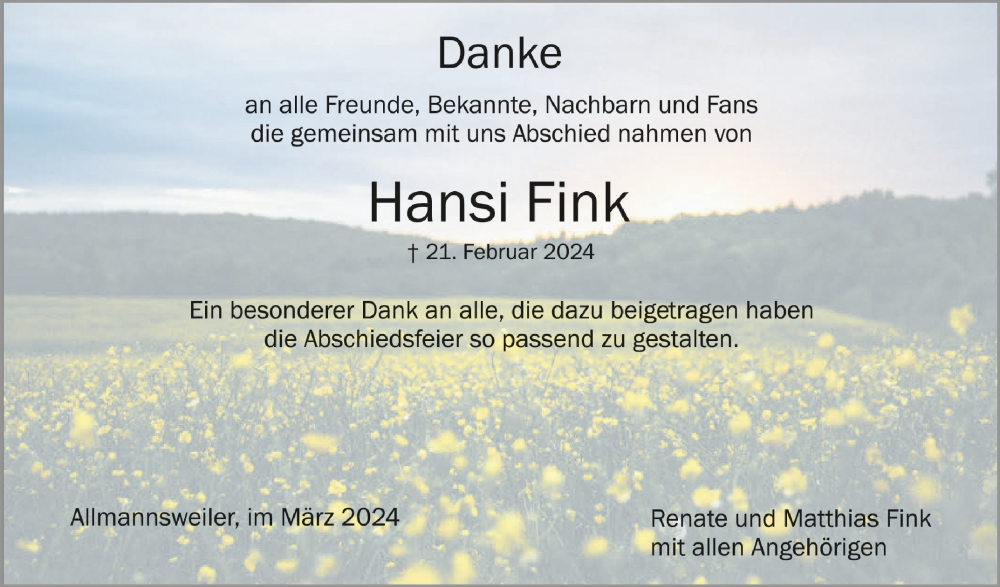  Traueranzeige für Hansi Fink vom 06.03.2024 aus Schwäbische Zeitung