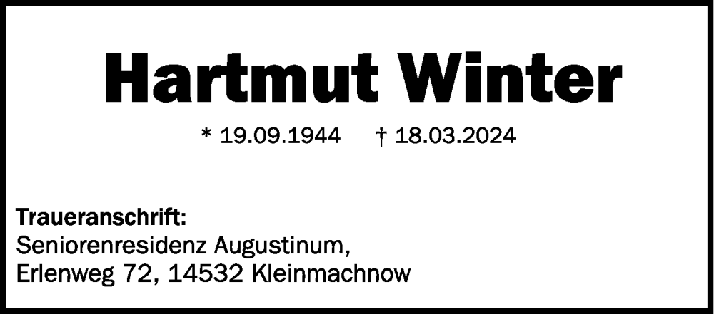  Traueranzeige für Hartmut Winter vom 23.03.2024 aus Schwäbische Zeitung