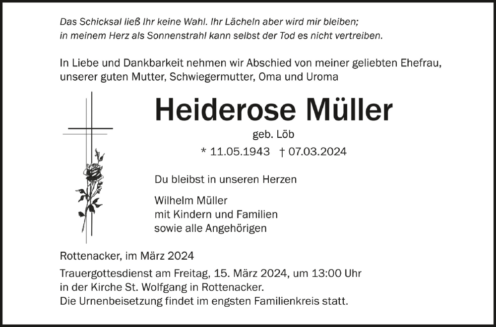  Traueranzeige für Heiderose Müller vom 13.03.2024 aus Schwäbische Zeitung