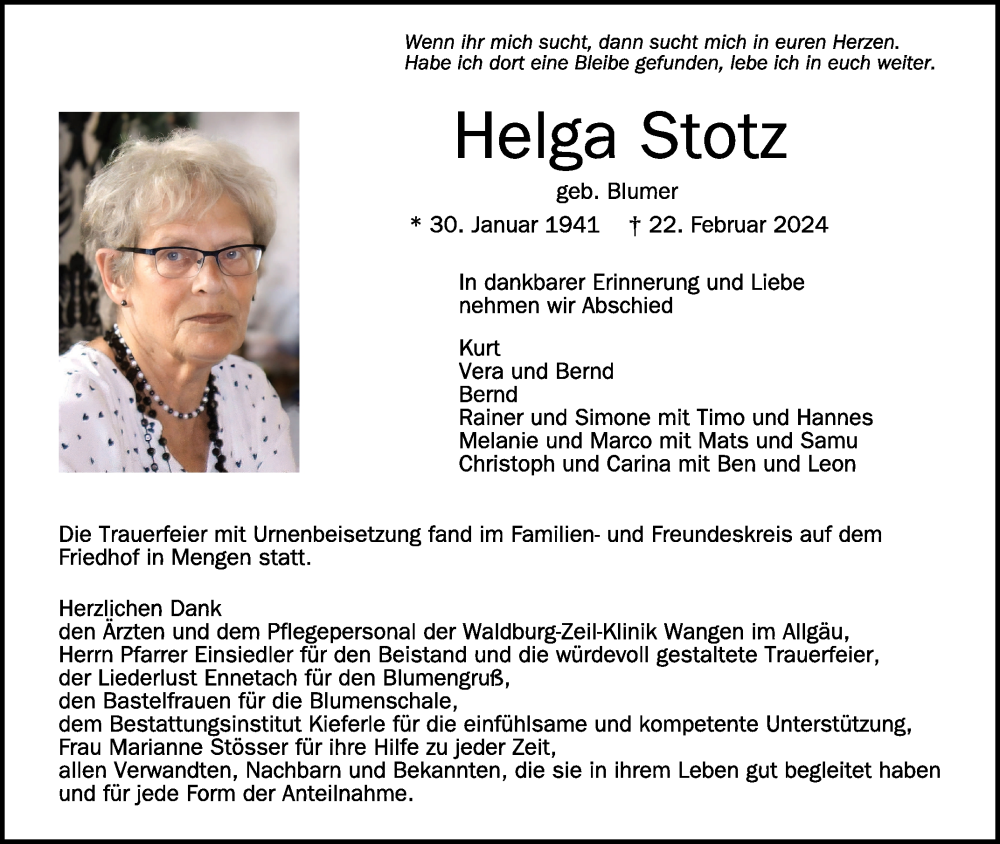  Traueranzeige für Helga Stotz vom 06.03.2024 aus Schwäbische Zeitung