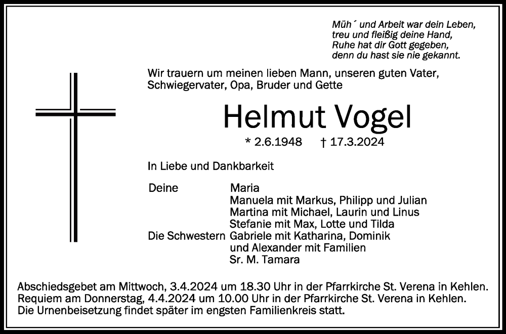  Traueranzeige für Helmut Vogel vom 30.03.2024 aus Schwäbische Zeitung