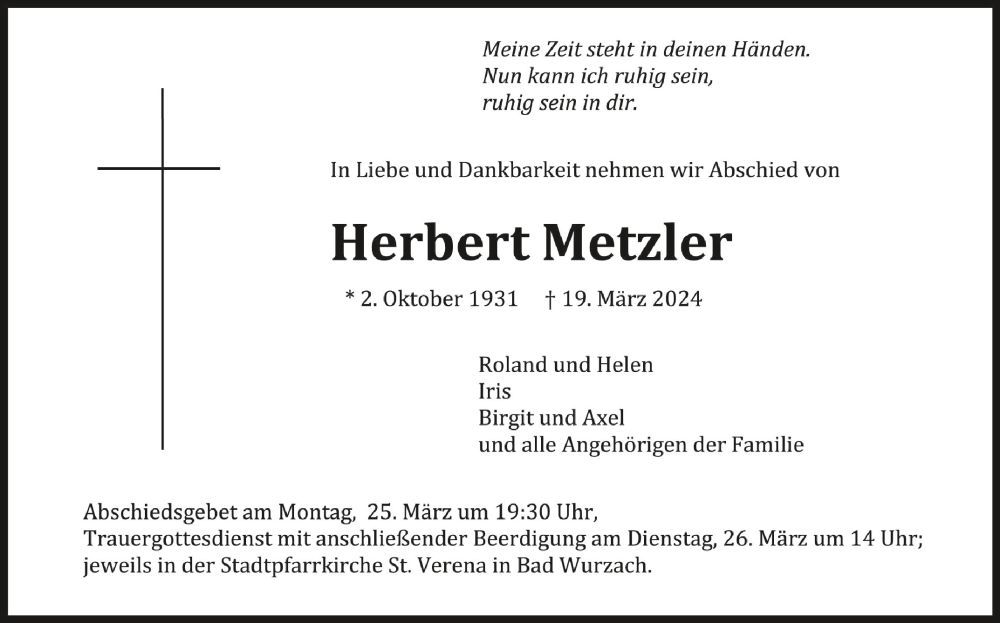  Traueranzeige für Herbert Metzler vom 21.03.2024 aus Schwäbische Zeitung