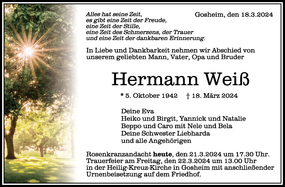  Traueranzeige für Hermann Weiß vom 21.03.2024 aus Schwäbische Zeitung