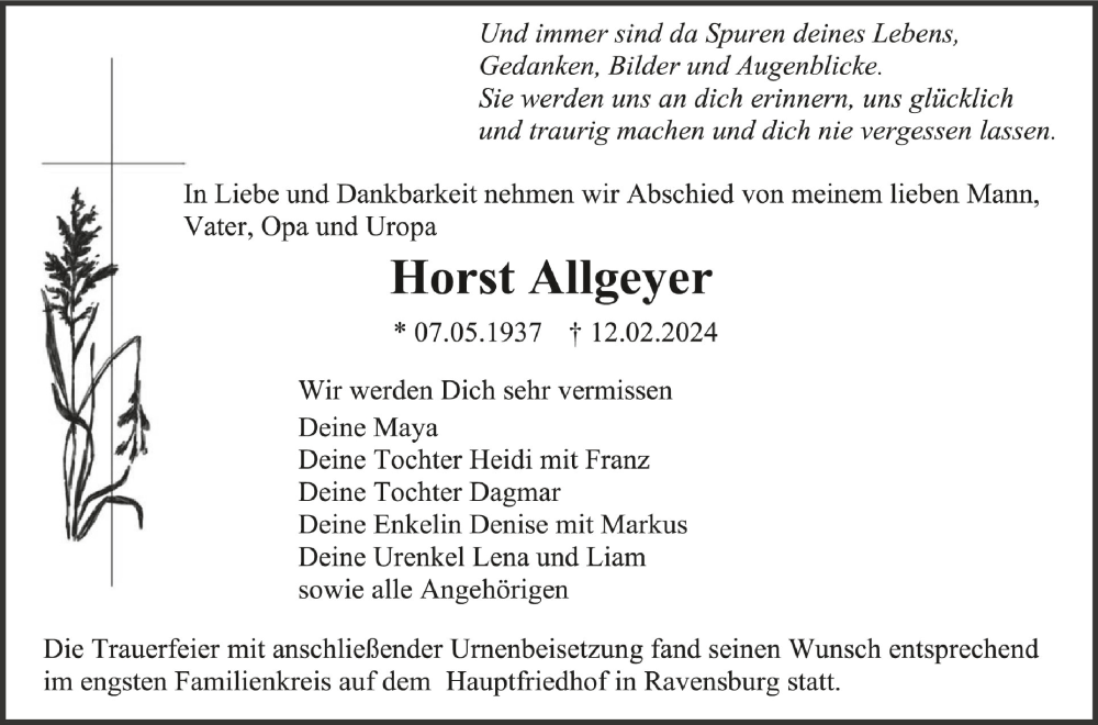  Traueranzeige für Horst Allgeyer vom 02.03.2024 aus Schwäbische Zeitung