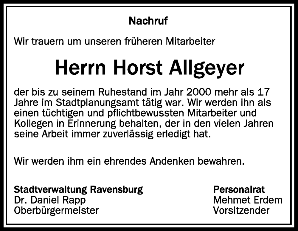  Traueranzeige für Horst Allgeyer vom 06.03.2024 aus Schwäbische Zeitung