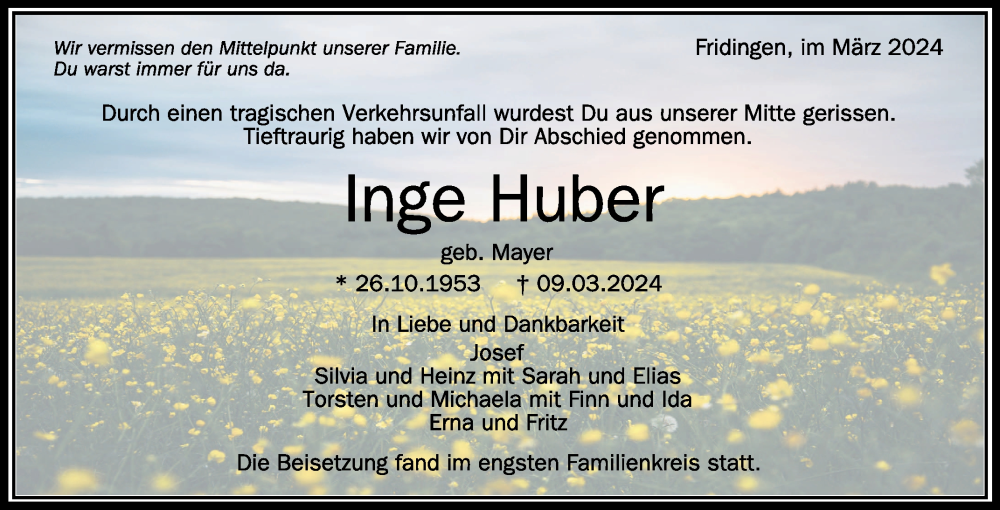  Traueranzeige für Inge Huber vom 22.03.2024 aus Schwäbische Zeitung