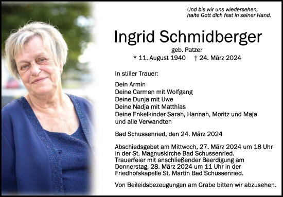 Anzeige von Ingrid Schmidberger von Schwäbische Zeitung