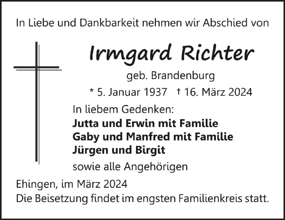  Traueranzeige für Irmgard Richter vom 22.03.2024 aus Schwäbische Zeitung