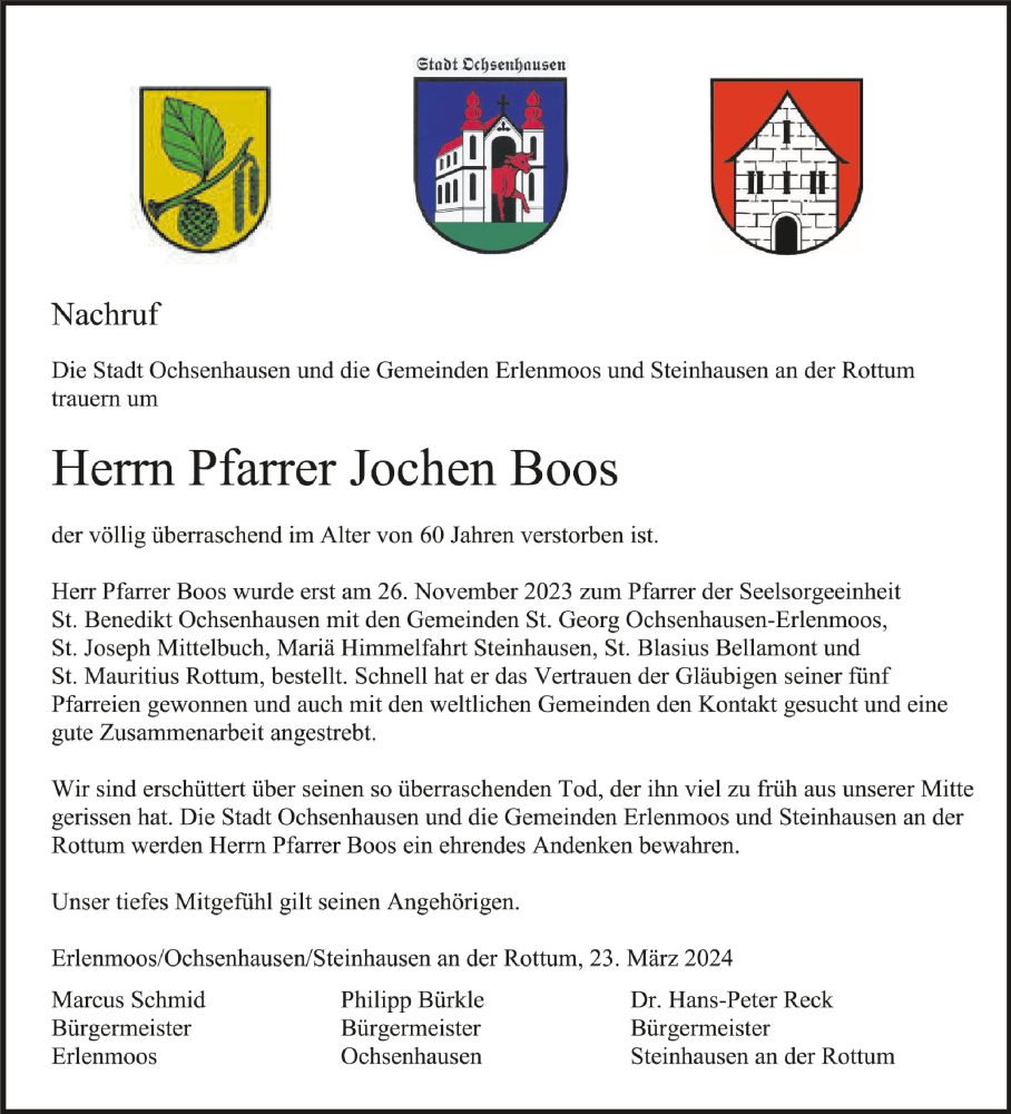  Traueranzeige für Jochen Boos vom 23.03.2024 aus Schwäbische Zeitung