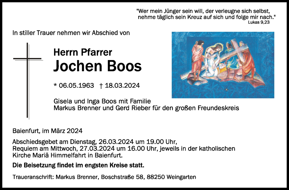  Traueranzeige für Jochen Boos vom 22.03.2024 aus Schwäbische Zeitung