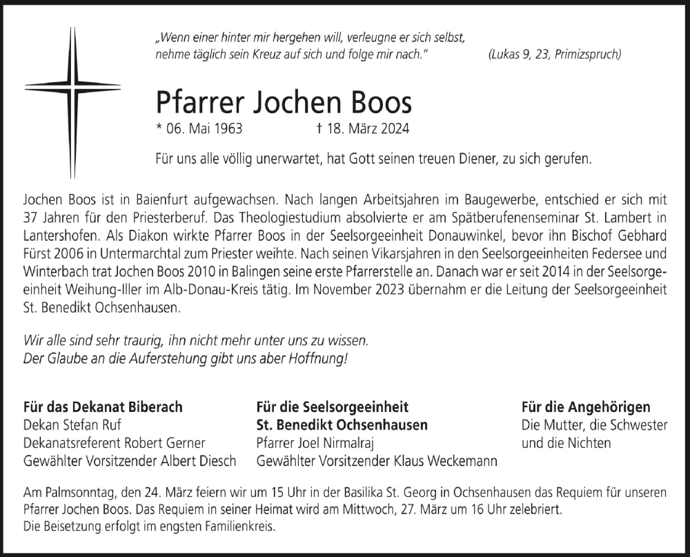  Traueranzeige für Jochen Boos vom 23.03.2024 aus Schwäbische Zeitung