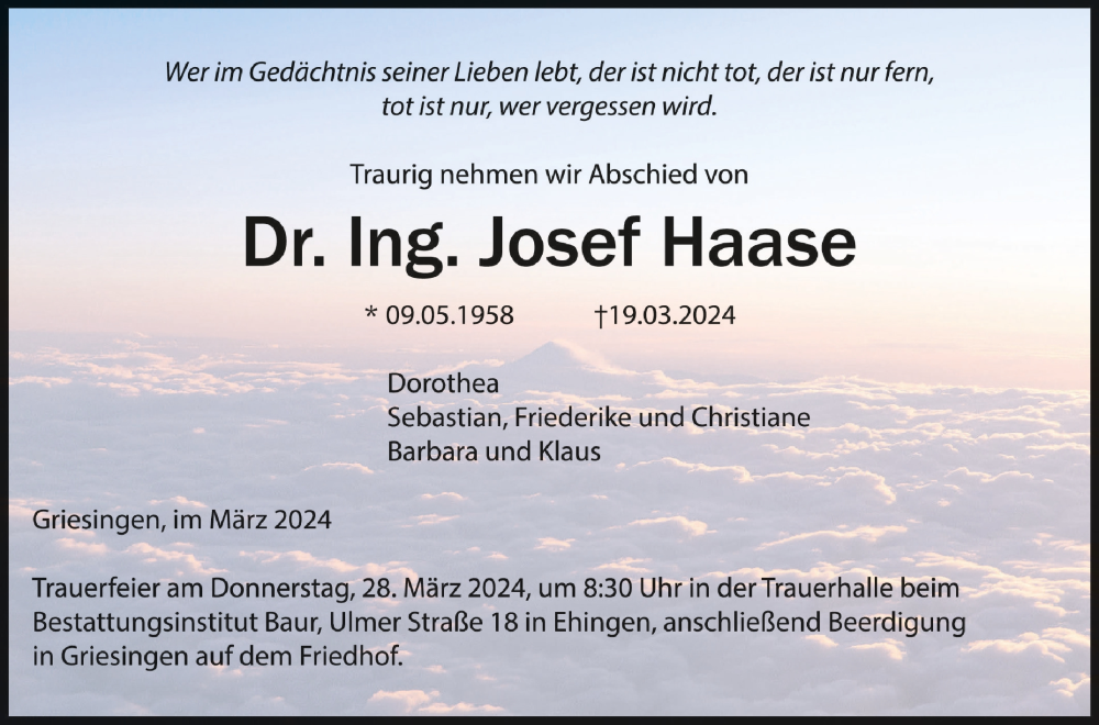  Traueranzeige für Josef Haase vom 23.03.2024 aus Schwäbische Zeitung