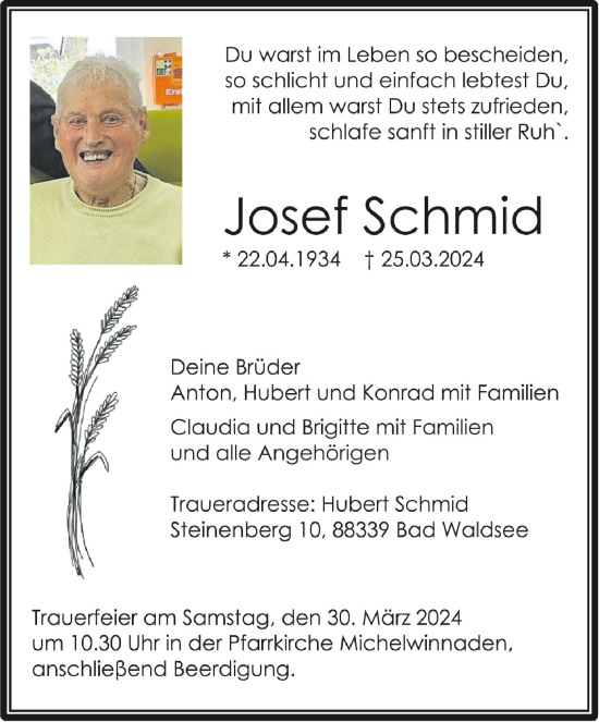 Anzeige von Josef Schmid von Schwäbische Zeitung