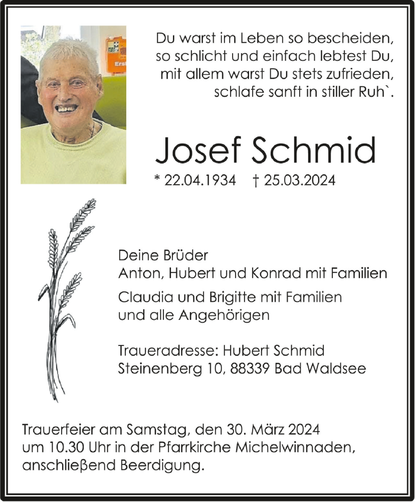  Traueranzeige für Josef Schmid vom 28.03.2024 aus Schwäbische Zeitung