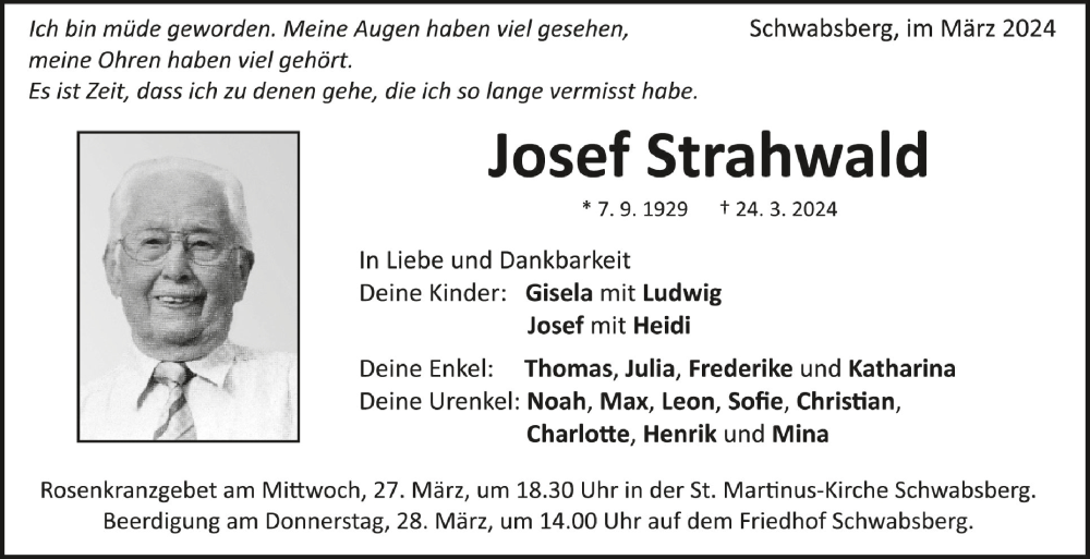  Traueranzeige für Josef Strahwald vom 26.03.2024 aus Schwäbische Zeitung