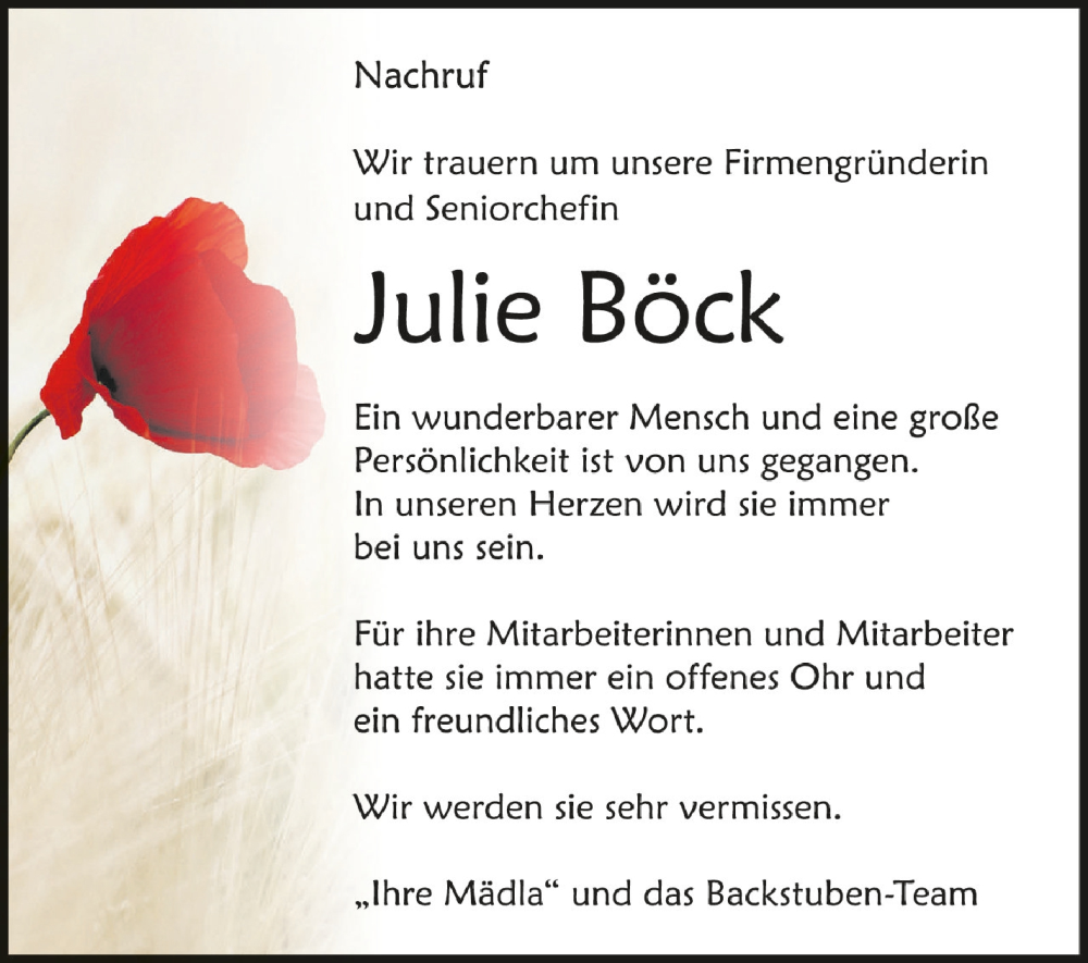 Traueranzeige für Julie Böck vom 30.03.2024 aus Schwäbische Zeitung