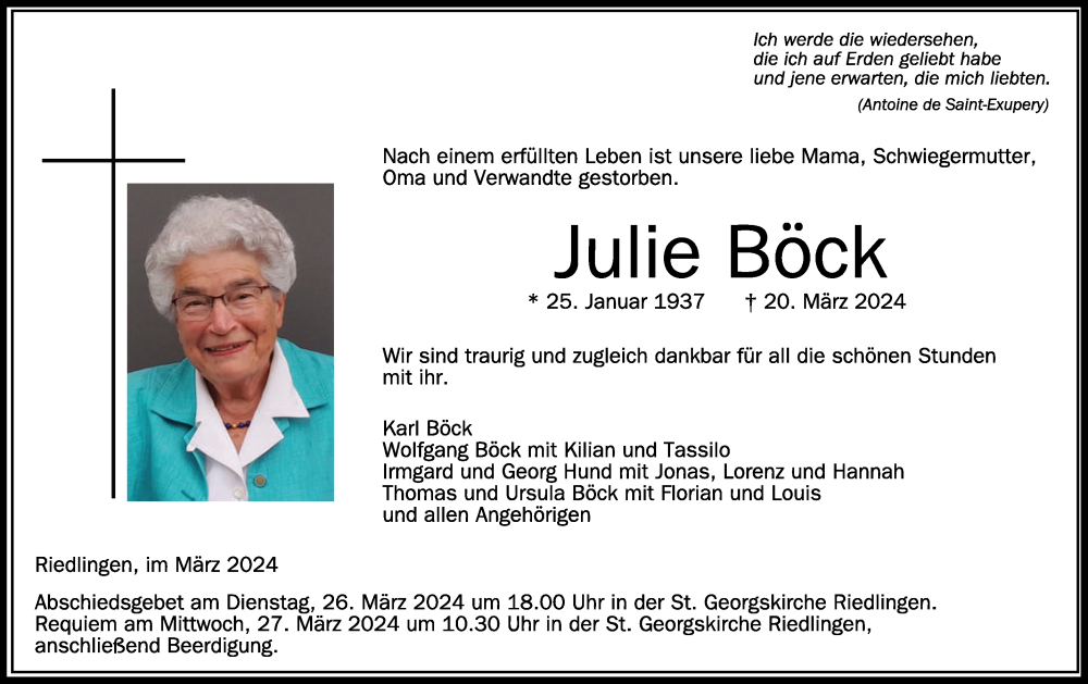  Traueranzeige für Julie Böck vom 23.03.2024 aus Schwäbische Zeitung