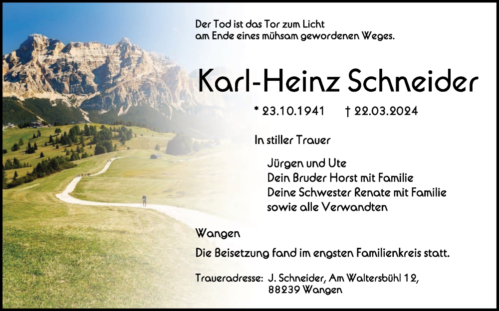  Traueranzeige für Karl-Heinz SchReider vom 30.03.2024 aus Schwäbische Zeitung