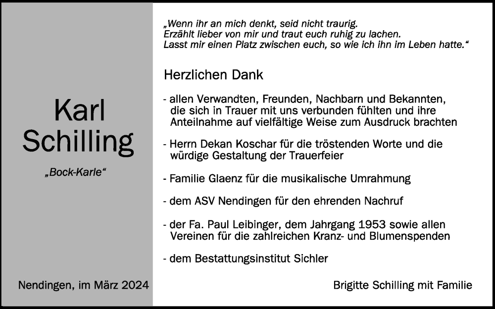  Traueranzeige für Karl Schilling vom 27.03.2024 aus Schwäbische Zeitung